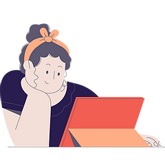 a woman with her hand on her chin looking at a laptop