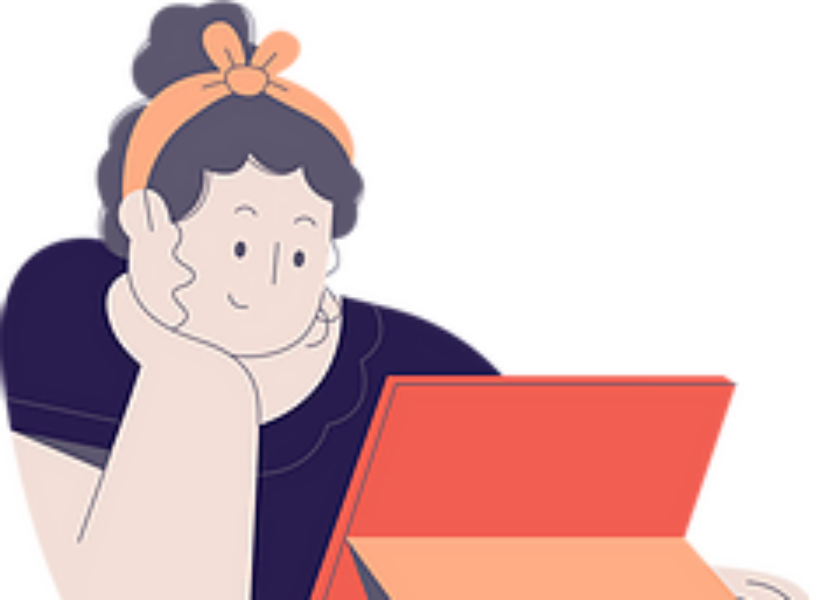 a woman with her hand on her chin looking at a laptop