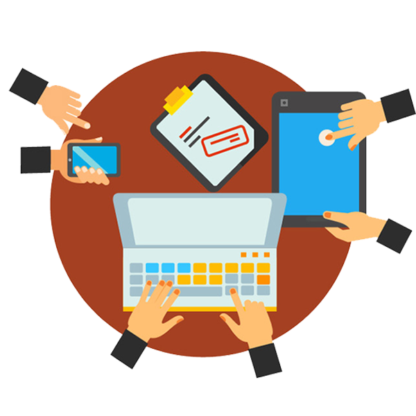 a group of hands holding a laptop and a tablet