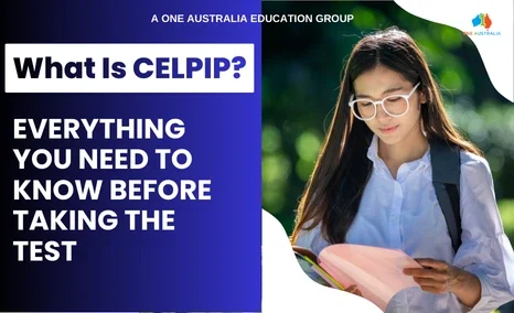 What is CELPIP test guide banner with student reading book outdoors