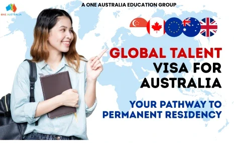 Global Talent visa Australia banner with student and flags showing pathway to permanent residency